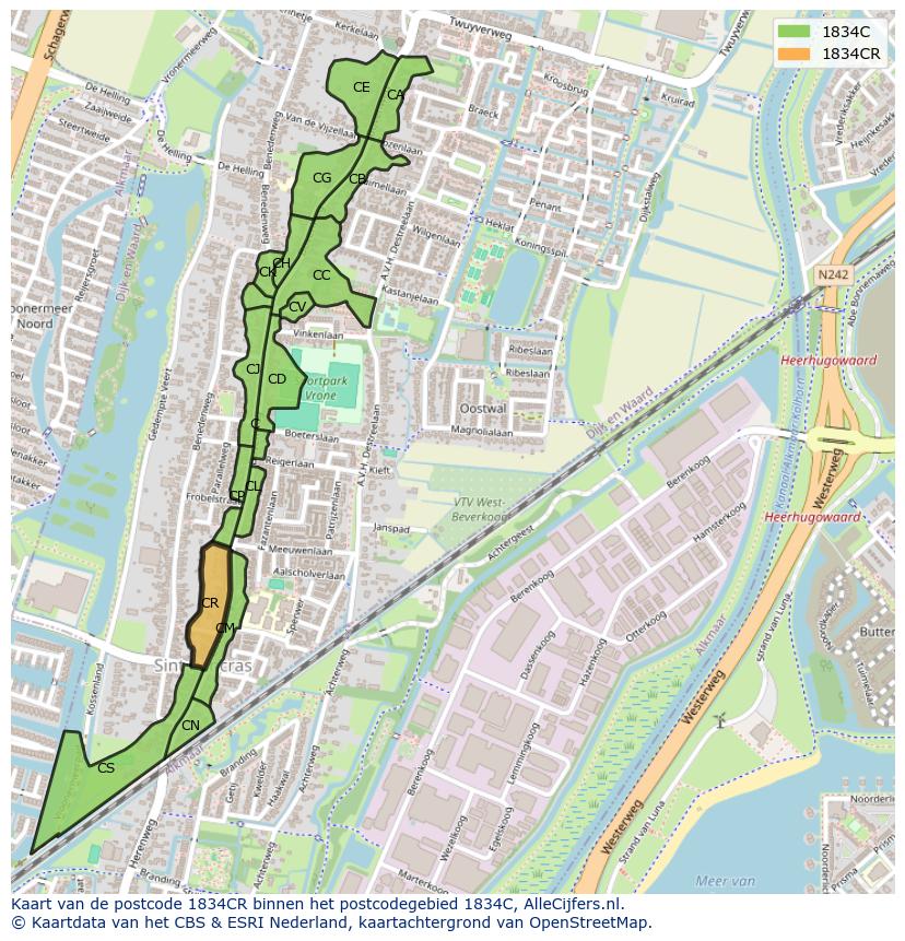 Afbeelding van het postcodegebied 1834 CR op de kaart.