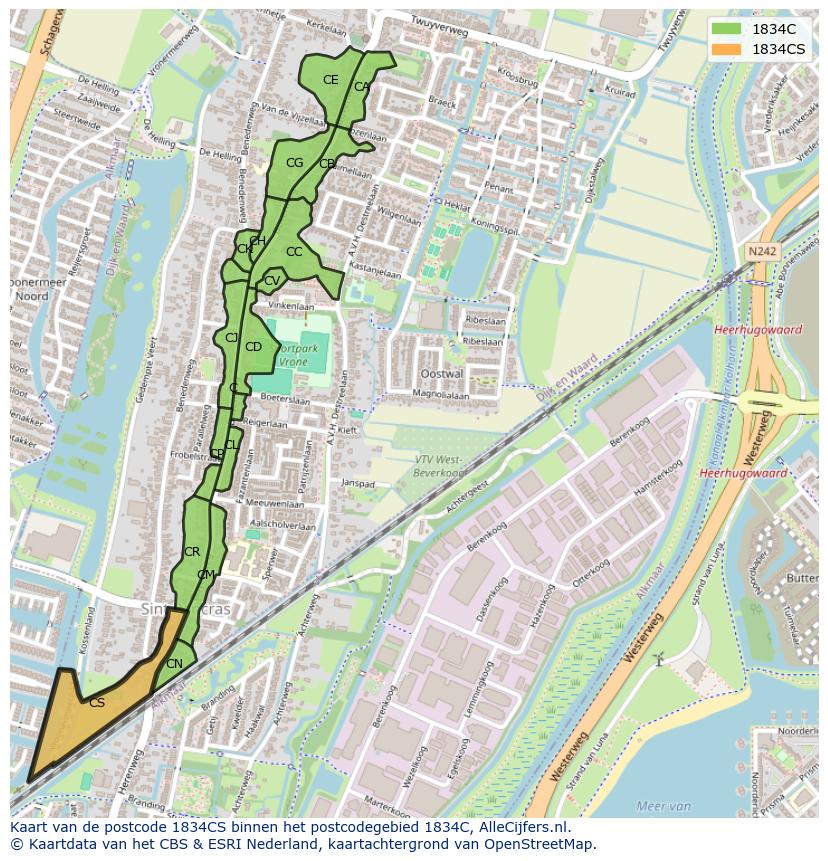 Afbeelding van het postcodegebied 1834 CS op de kaart.