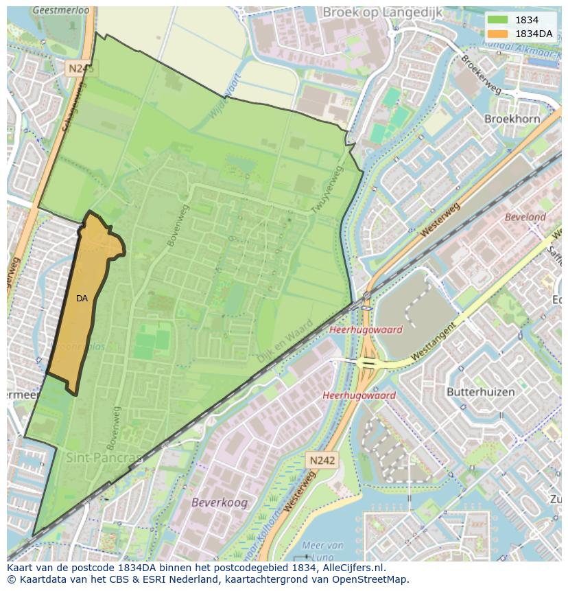 Afbeelding van het postcodegebied 1834 DA op de kaart.