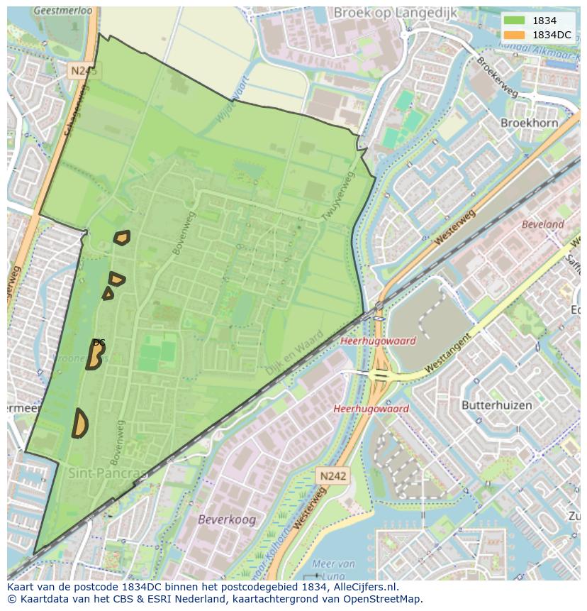 Afbeelding van het postcodegebied 1834 DC op de kaart.