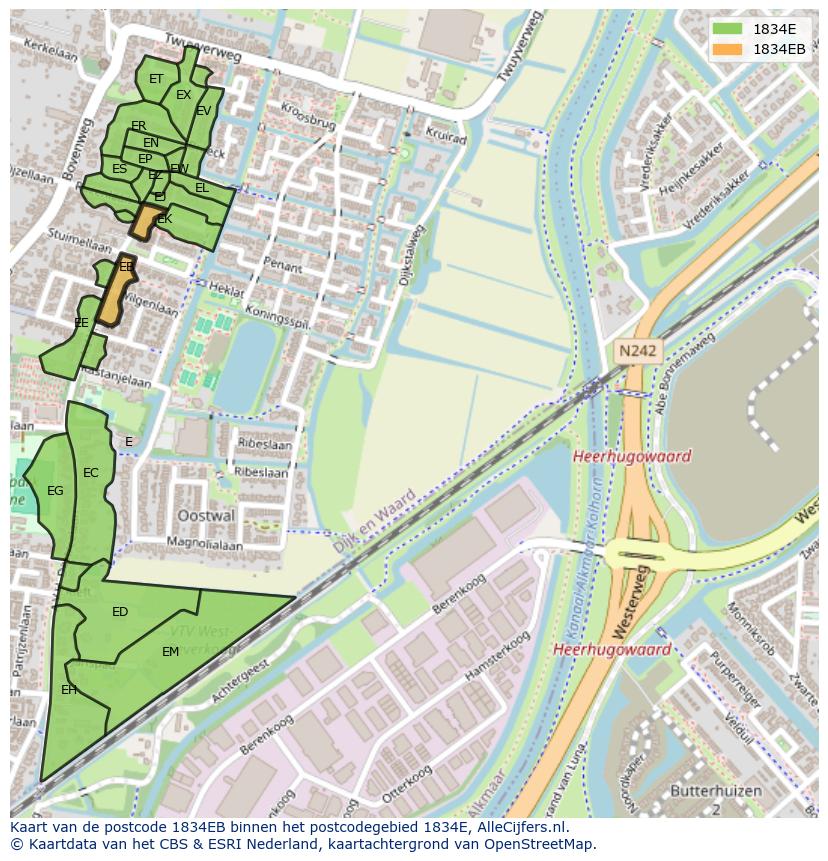 Afbeelding van het postcodegebied 1834 EB op de kaart.