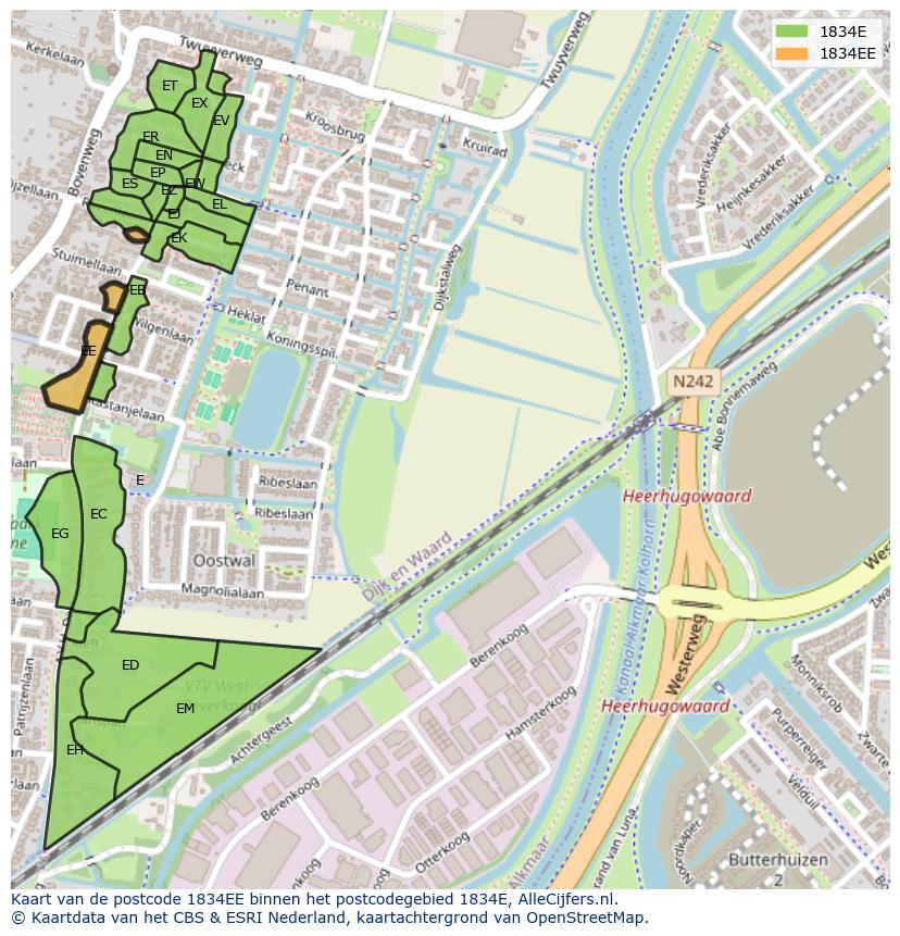 Afbeelding van het postcodegebied 1834 EE op de kaart.