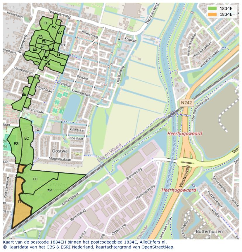 Afbeelding van het postcodegebied 1834 EH op de kaart.