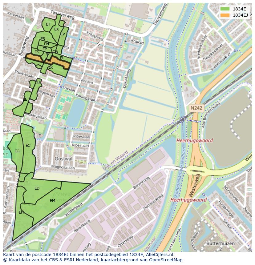 Afbeelding van het postcodegebied 1834 EJ op de kaart.