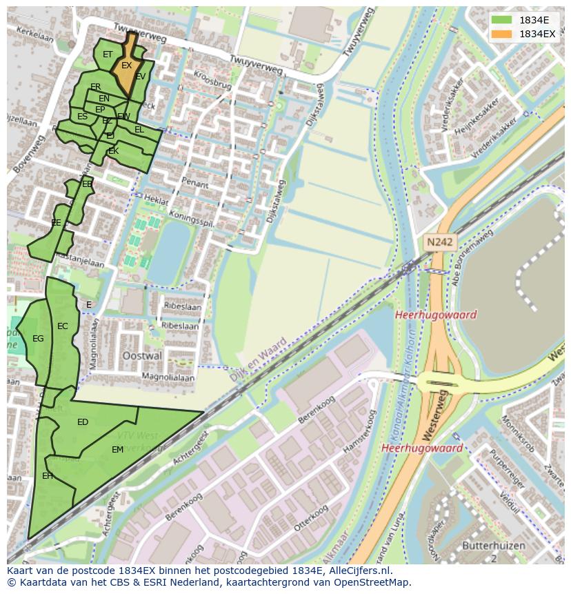 Afbeelding van het postcodegebied 1834 EX op de kaart.