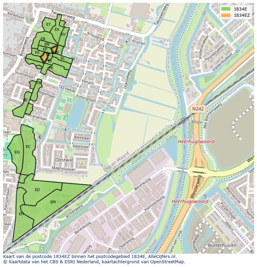 Afbeelding van het postcodegebied 1834 EZ op de kaart.