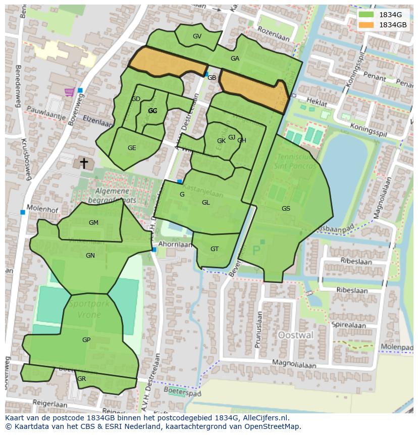 Afbeelding van het postcodegebied 1834 GB op de kaart.