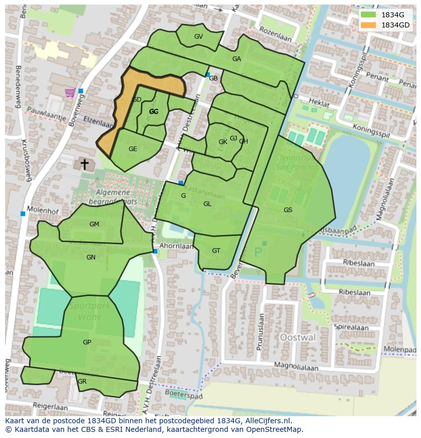Afbeelding van het postcodegebied 1834 GD op de kaart.
