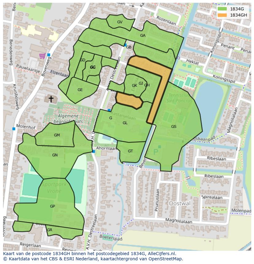 Afbeelding van het postcodegebied 1834 GH op de kaart.