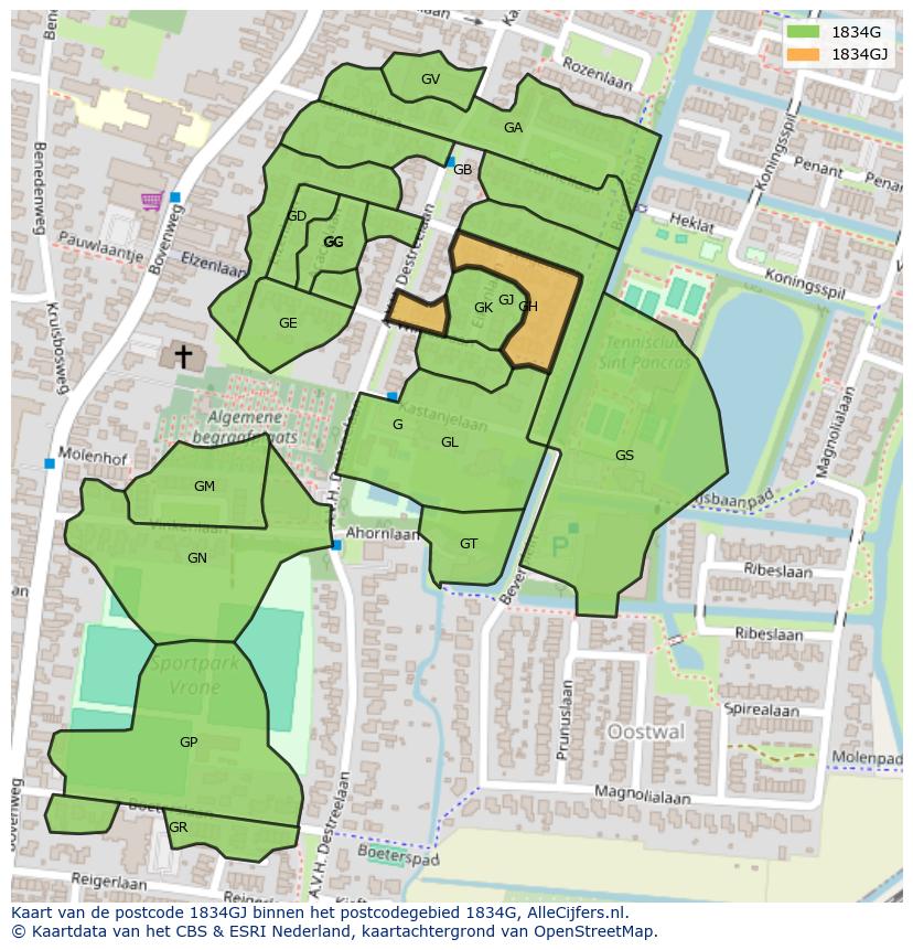 Afbeelding van het postcodegebied 1834 GJ op de kaart.