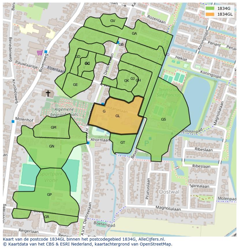 Afbeelding van het postcodegebied 1834 GL op de kaart.