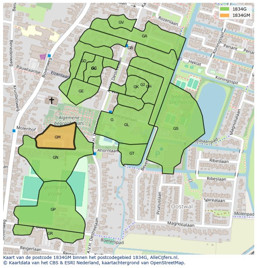 Afbeelding van het postcodegebied 1834 GM op de kaart.