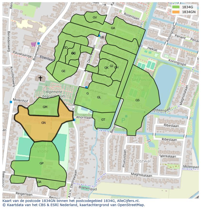 Afbeelding van het postcodegebied 1834 GN op de kaart.