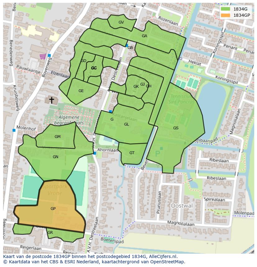 Afbeelding van het postcodegebied 1834 GP op de kaart.