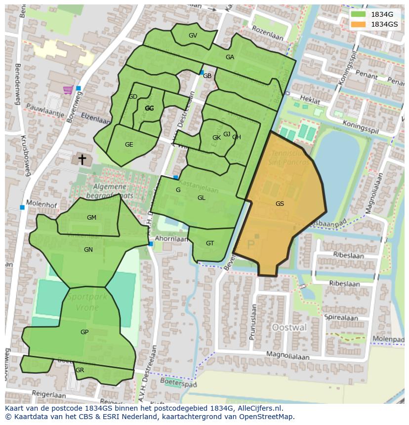 Afbeelding van het postcodegebied 1834 GS op de kaart.