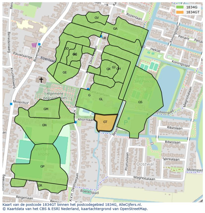 Afbeelding van het postcodegebied 1834 GT op de kaart.