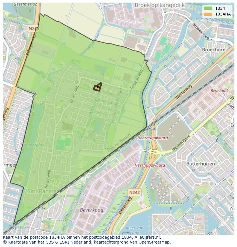 Afbeelding van het postcodegebied 1834 HA op de kaart.