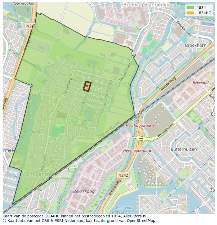 Afbeelding van het postcodegebied 1834 HC op de kaart.