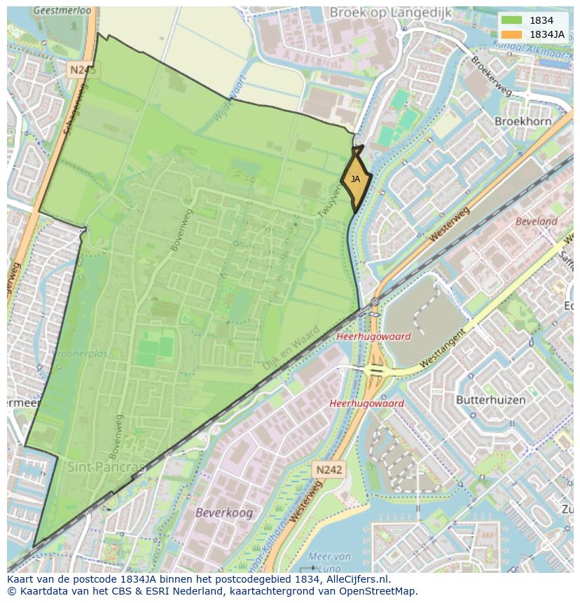 Afbeelding van het postcodegebied 1834 JA op de kaart.