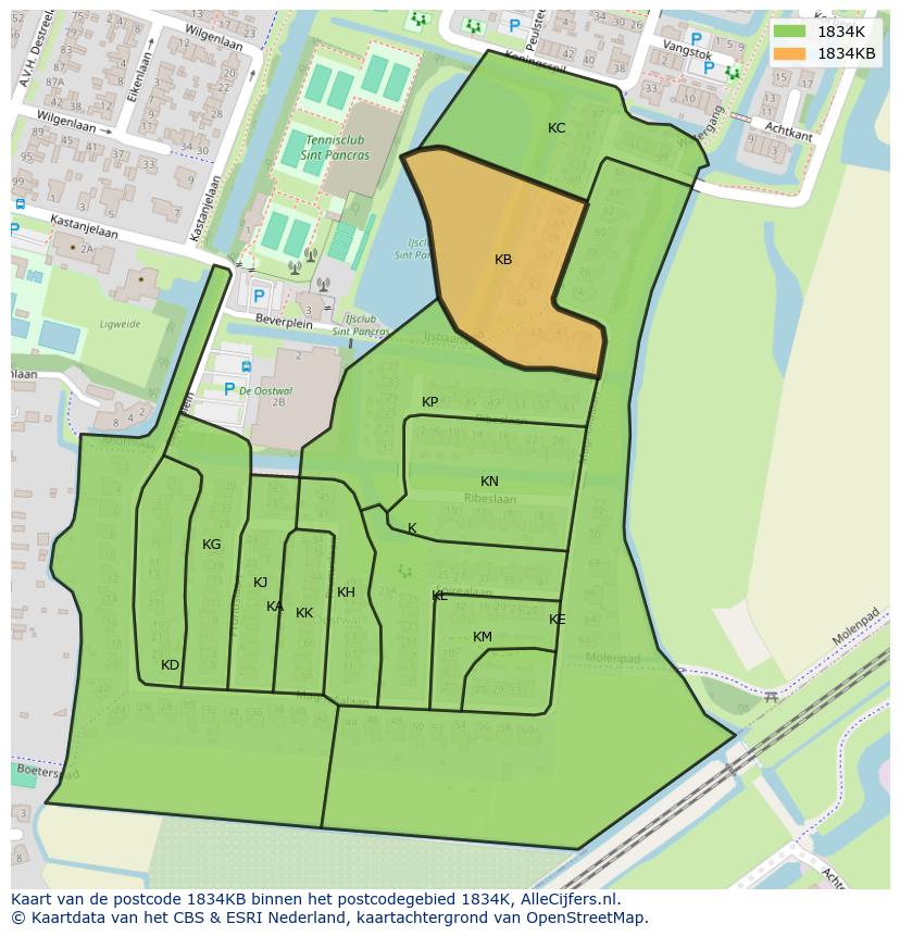 Afbeelding van het postcodegebied 1834 KB op de kaart.