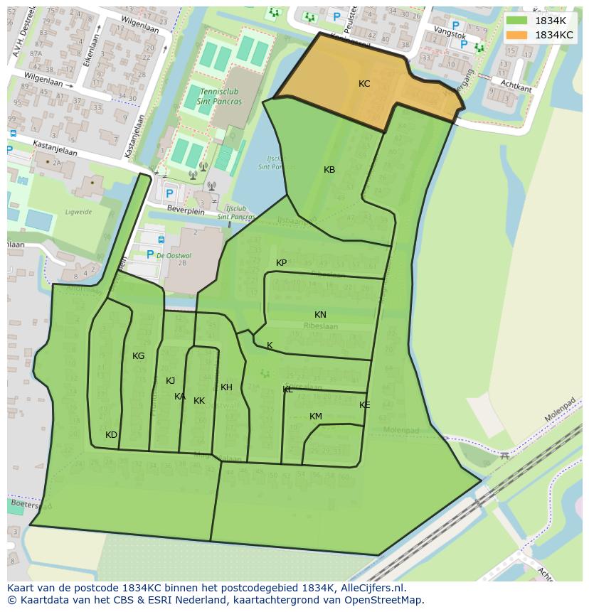 Afbeelding van het postcodegebied 1834 KC op de kaart.