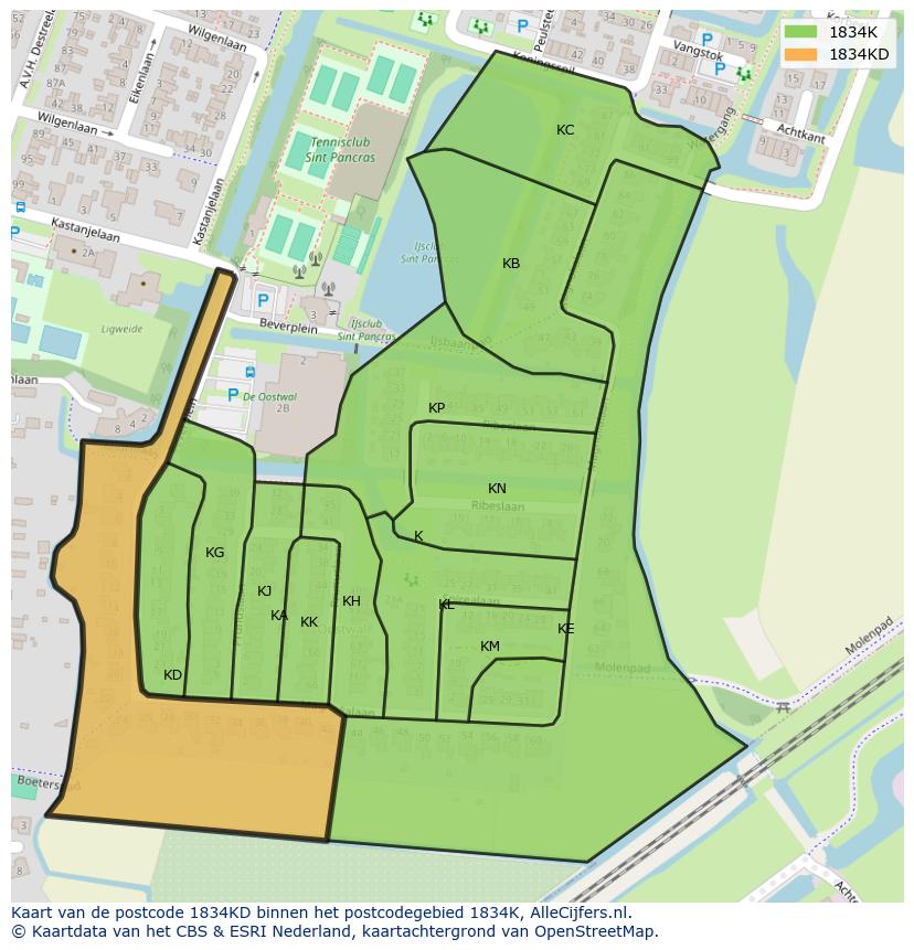 Afbeelding van het postcodegebied 1834 KD op de kaart.