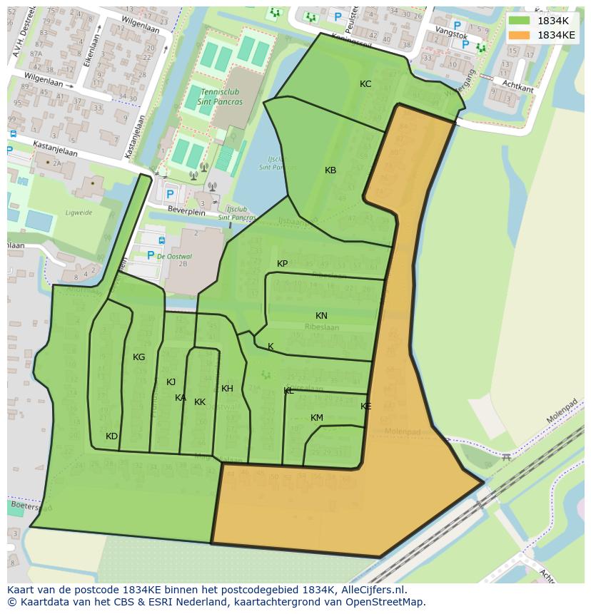 Afbeelding van het postcodegebied 1834 KE op de kaart.