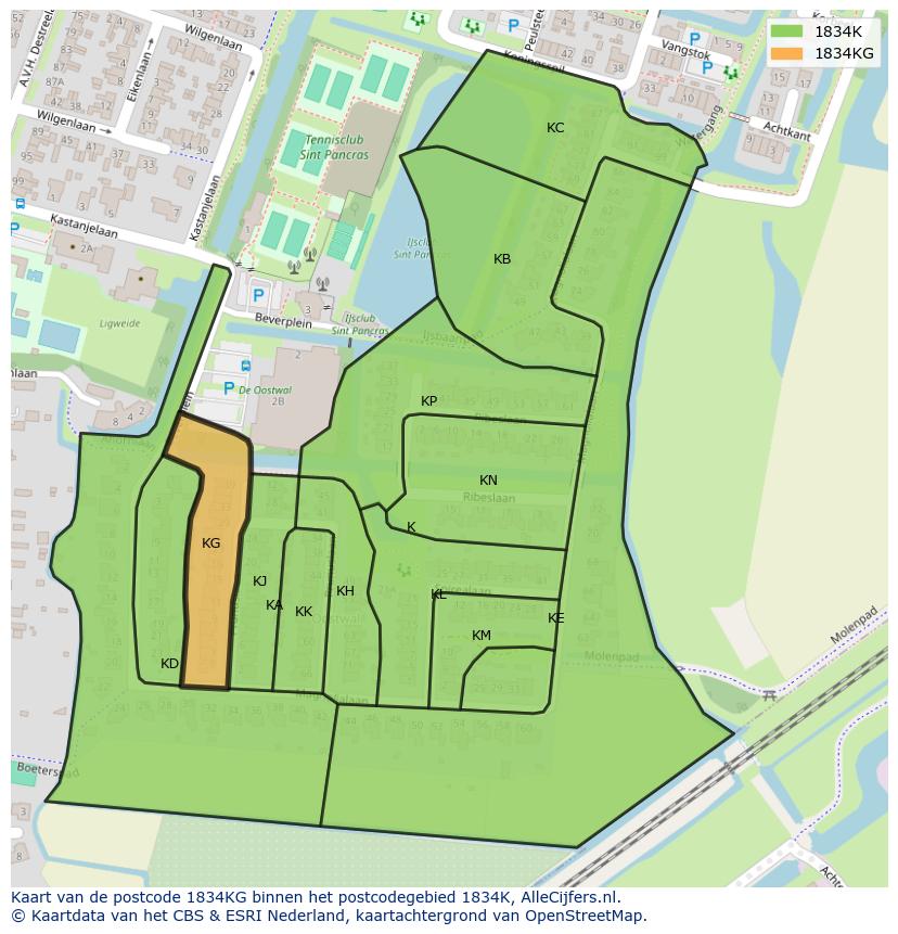 Afbeelding van het postcodegebied 1834 KG op de kaart.