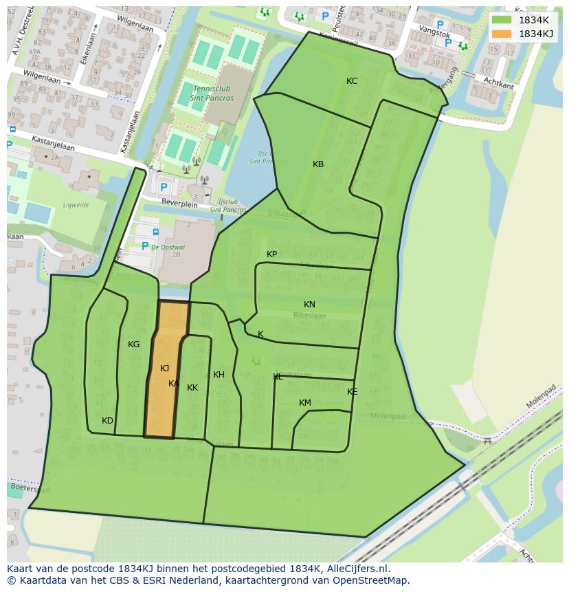 Afbeelding van het postcodegebied 1834 KJ op de kaart.