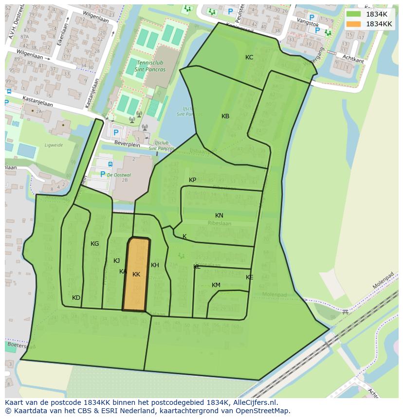 Afbeelding van het postcodegebied 1834 KK op de kaart.