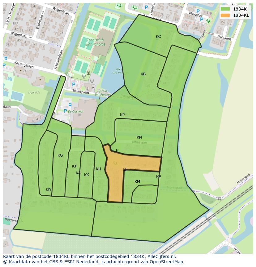 Afbeelding van het postcodegebied 1834 KL op de kaart.