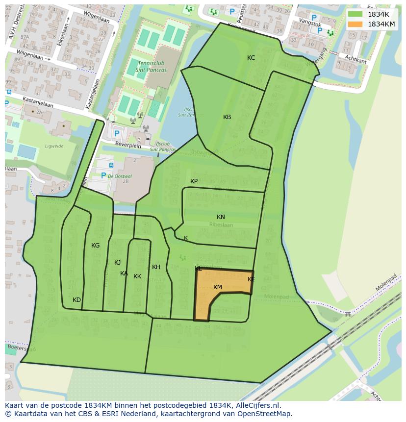 Afbeelding van het postcodegebied 1834 KM op de kaart.