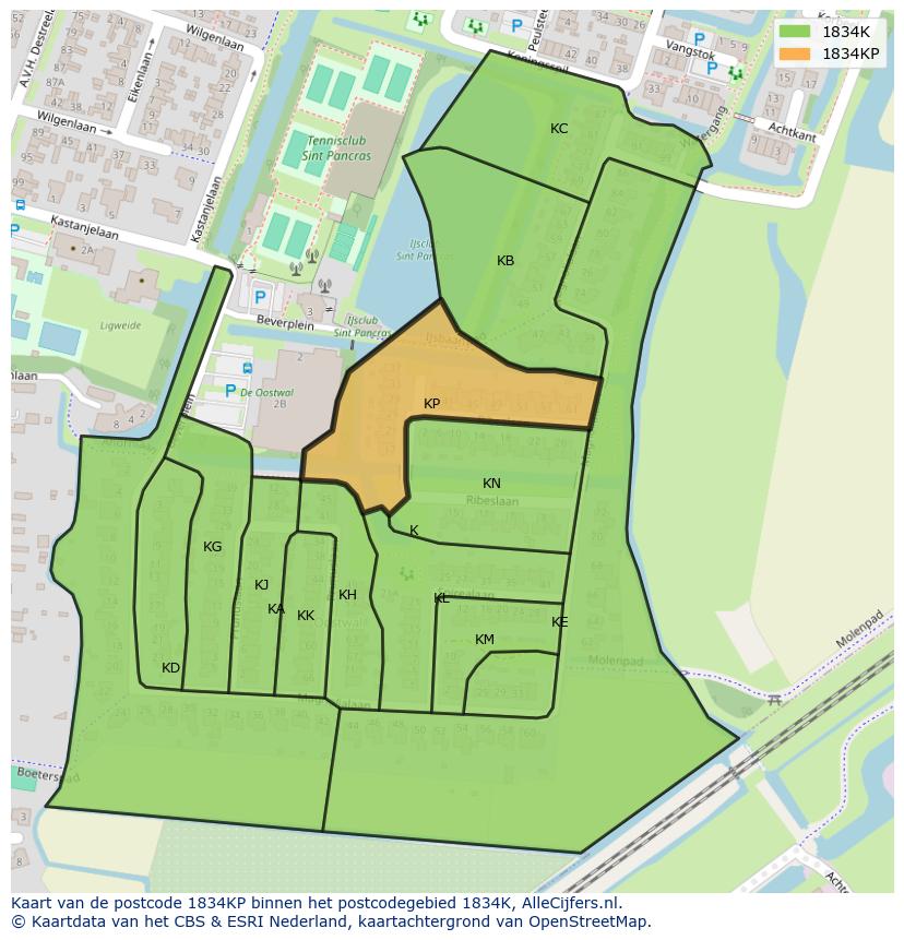 Afbeelding van het postcodegebied 1834 KP op de kaart.