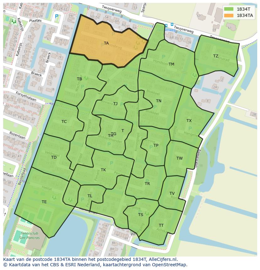 Afbeelding van het postcodegebied 1834 TA op de kaart.