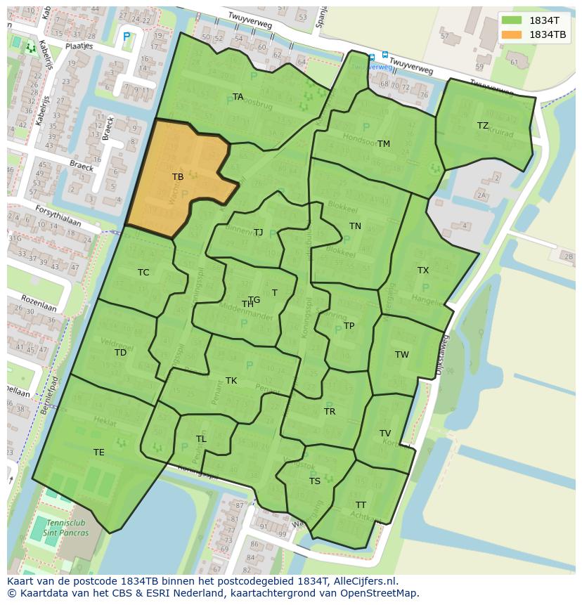 Afbeelding van het postcodegebied 1834 TB op de kaart.