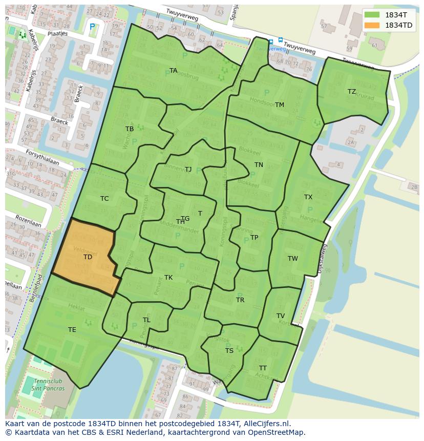 Afbeelding van het postcodegebied 1834 TD op de kaart.