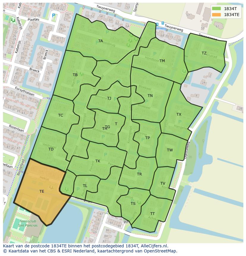 Afbeelding van het postcodegebied 1834 TE op de kaart.