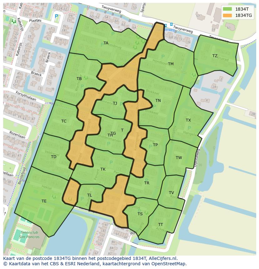 Afbeelding van het postcodegebied 1834 TG op de kaart.