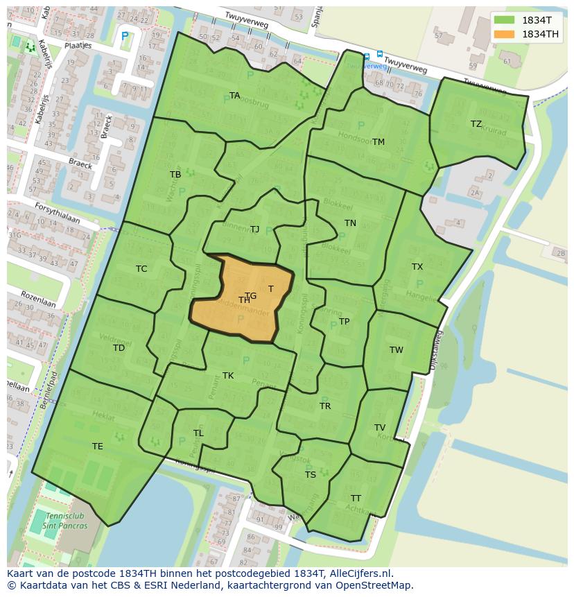 Afbeelding van het postcodegebied 1834 TH op de kaart.
