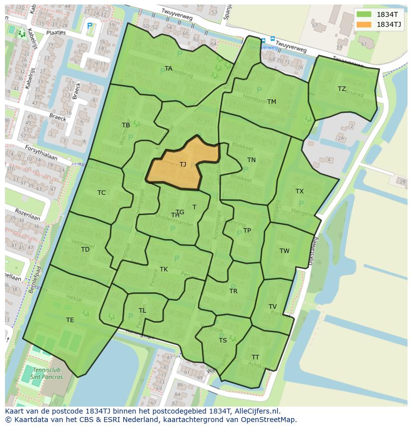 Afbeelding van het postcodegebied 1834 TJ op de kaart.