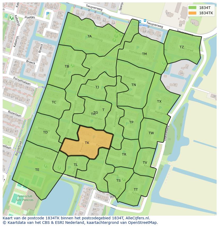 Afbeelding van het postcodegebied 1834 TK op de kaart.