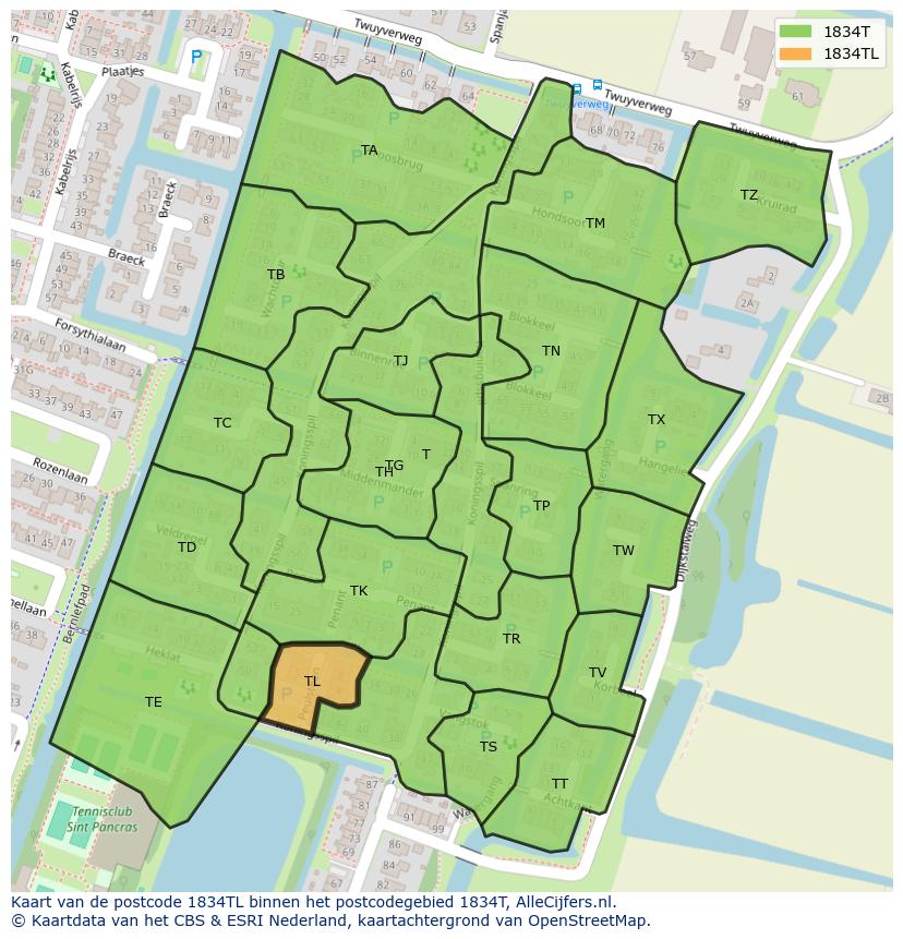 Afbeelding van het postcodegebied 1834 TL op de kaart.