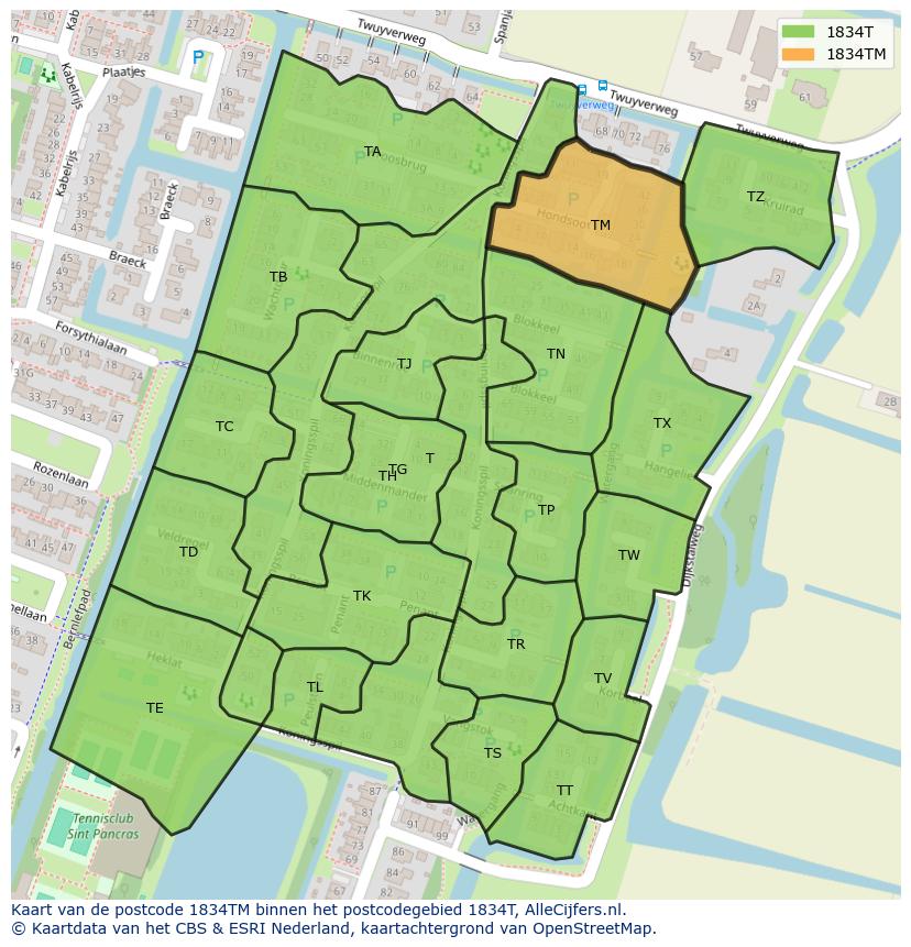 Afbeelding van het postcodegebied 1834 TM op de kaart.