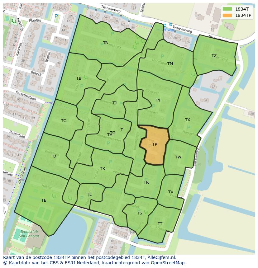 Afbeelding van het postcodegebied 1834 TP op de kaart.