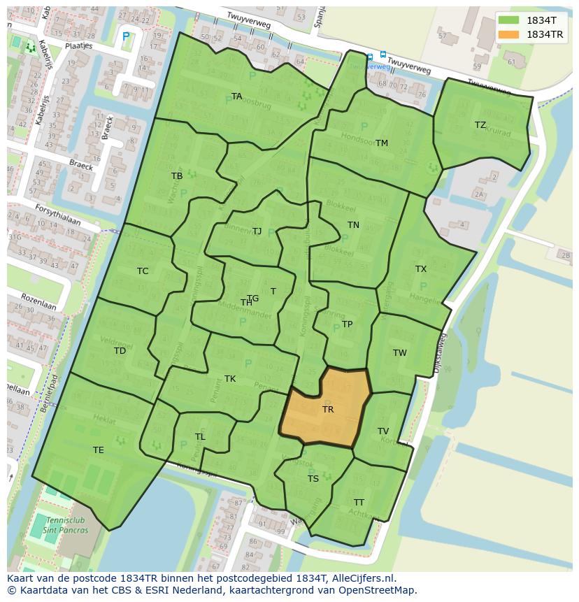 Afbeelding van het postcodegebied 1834 TR op de kaart.