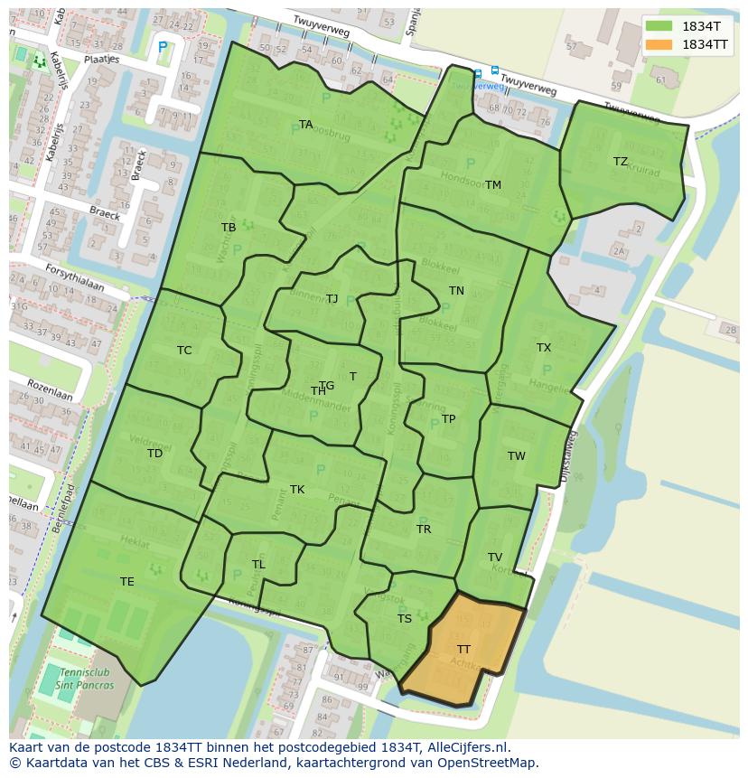 Afbeelding van het postcodegebied 1834 TT op de kaart.