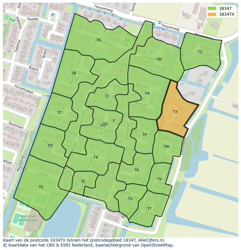 Afbeelding van het postcodegebied 1834 TX op de kaart.