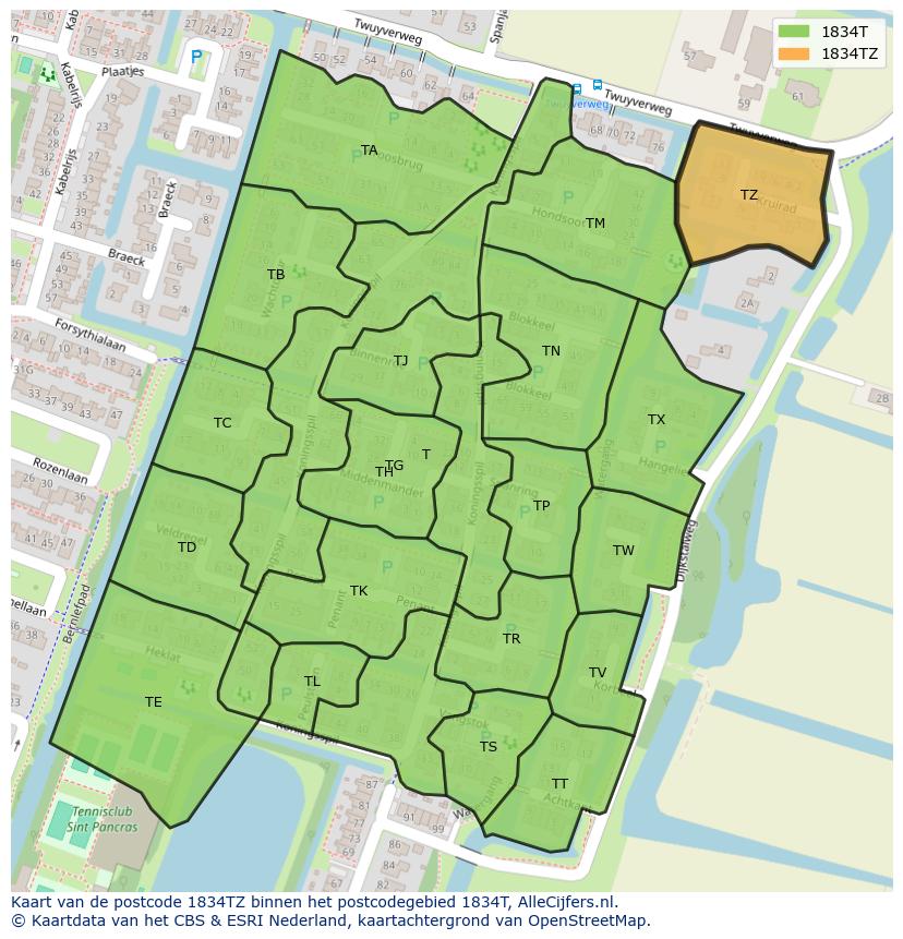 Afbeelding van het postcodegebied 1834 TZ op de kaart.