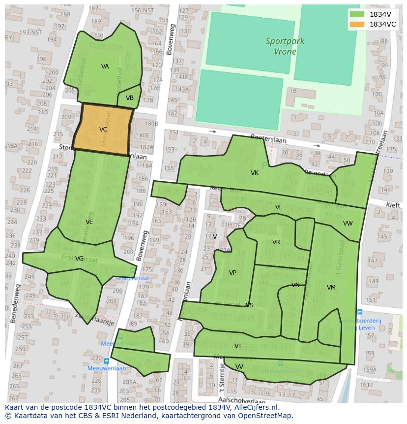 Afbeelding van het postcodegebied 1834 VC op de kaart.