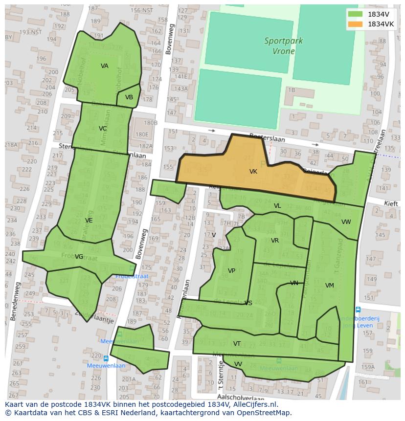 Afbeelding van het postcodegebied 1834 VK op de kaart.